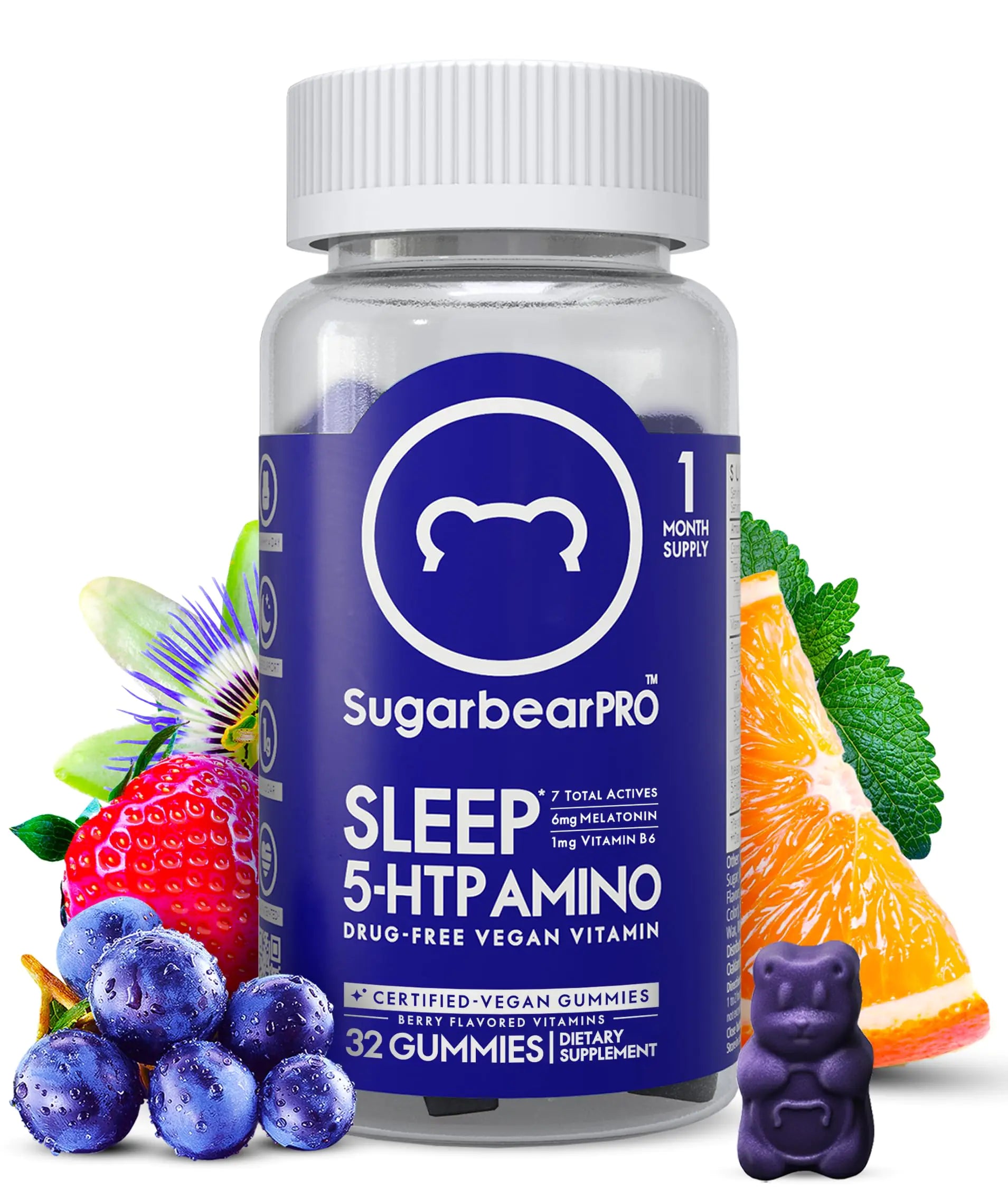 Sugarbear Sleep Gummy 1 Month Supply Extra Strength Melatonin 6mg for Men & Women Vegan Vitamin B6 L-Theanine 5 HTP Valerian Sleep Aid for Adults & Teens Certified Kosher Halal Cruelty-Free